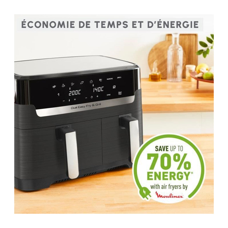 Friteuse Sans Huile- 8.3 l - 2 Tiroirs, Friteuse A Air Et Gril, 8 Programmes, Air Fryer, Dual Easy Fry&grill Ez905b20 Moulinex