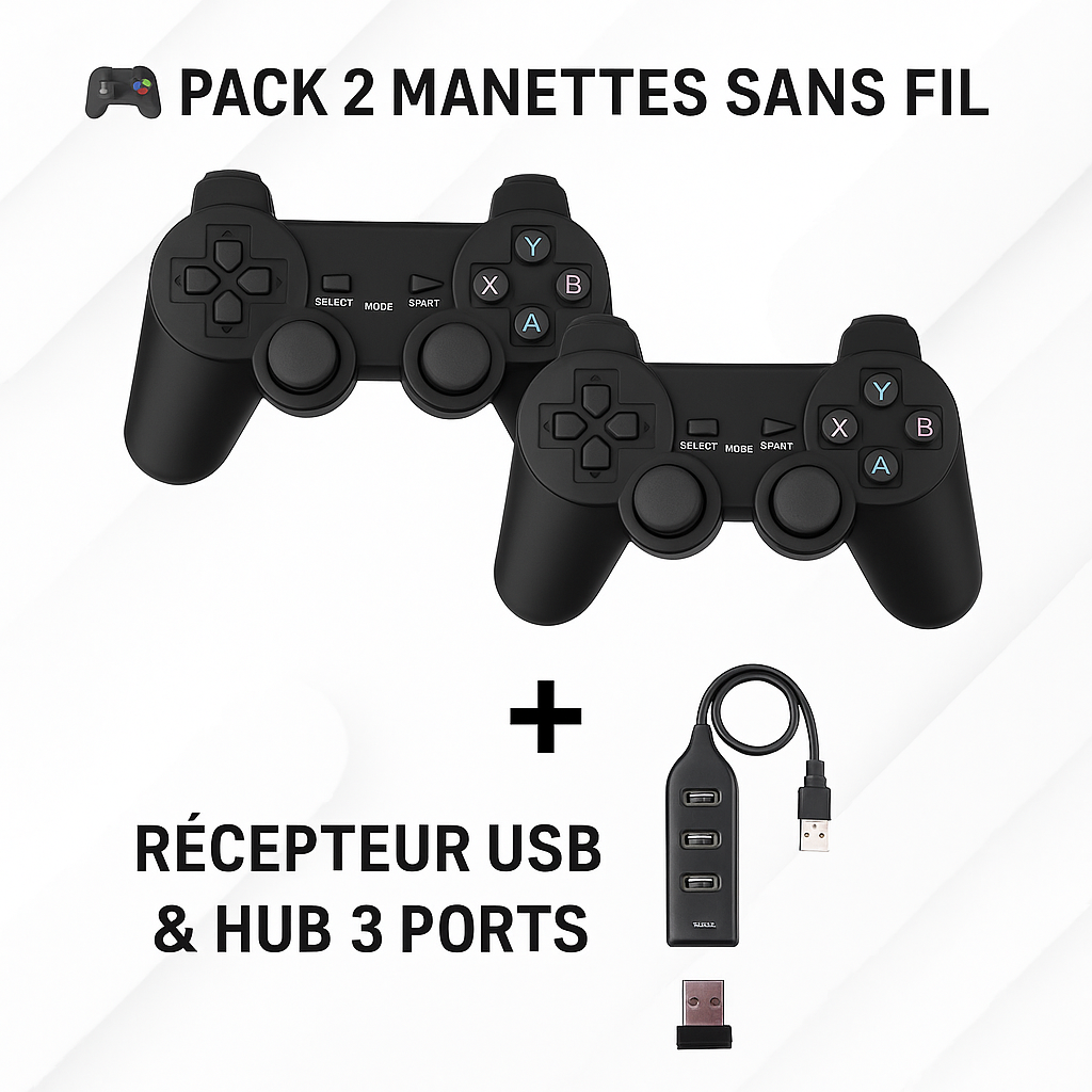Pack 2 Manettes Sans Fil + Récepteur USB & Hub 3 Ports