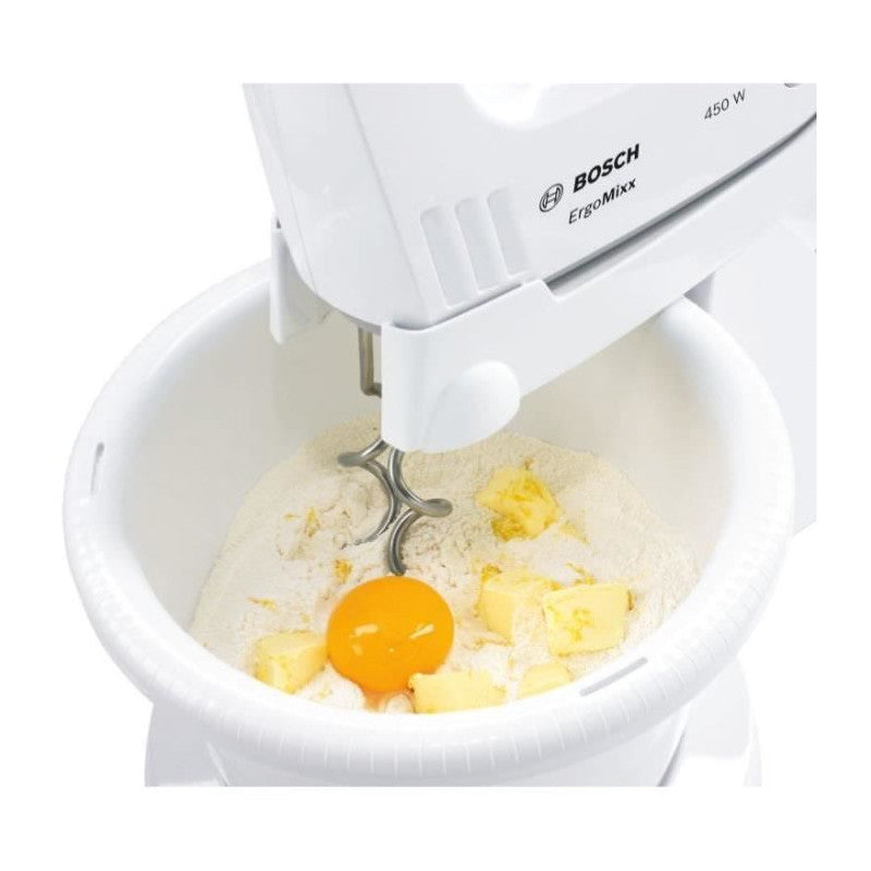 Batteur Ergomixx 450 W -   Mfq36400 Blanc/gris - 5 Vitesses+turbo - 2 Fouets Inox - 2 Crochets Pétrisseurs Inox - Bosch