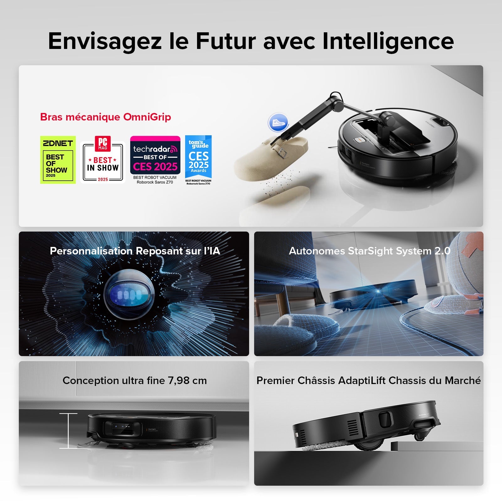 Roborock Saros Z70 robot aspirateur laveur avec bras mécanique OmniGrip™