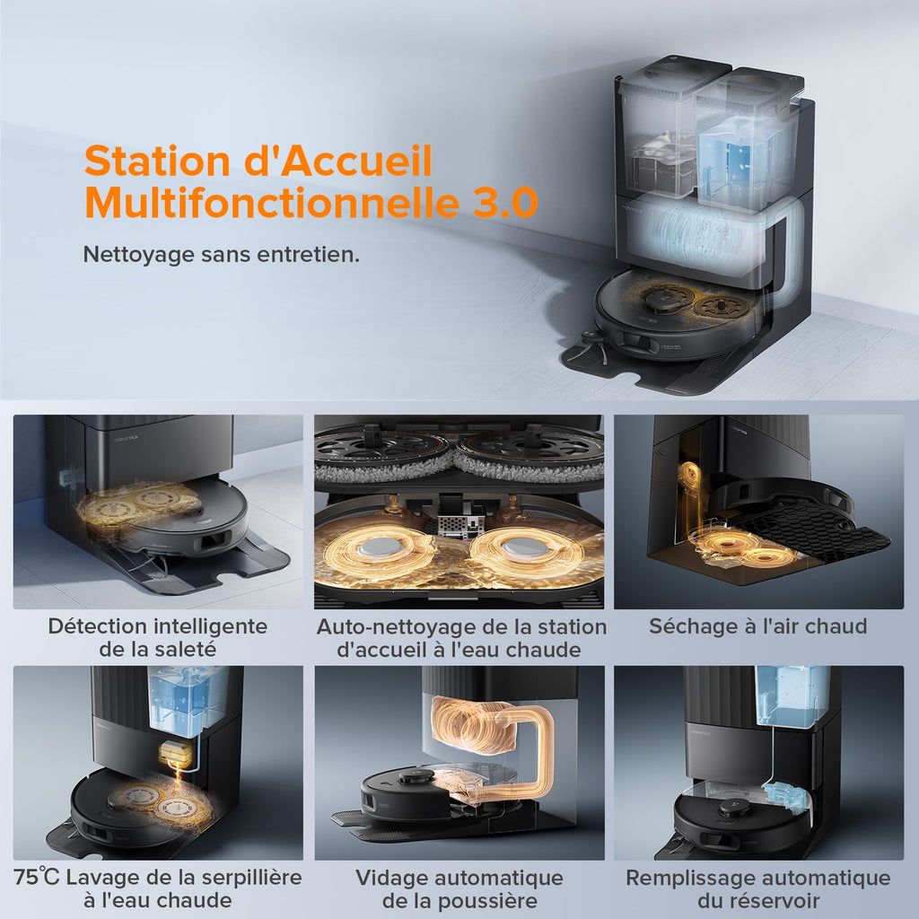 Roborock Qrevo Edge S5A Aspirateur Robot – Station de Lavage Automatique, Patins Rotatifs Relevables, Idéal pour Tapis