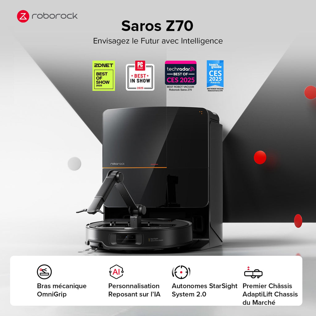 Roborock Saros Z70 robot aspirateur laveur avec bras mécanique OmniGrip™
